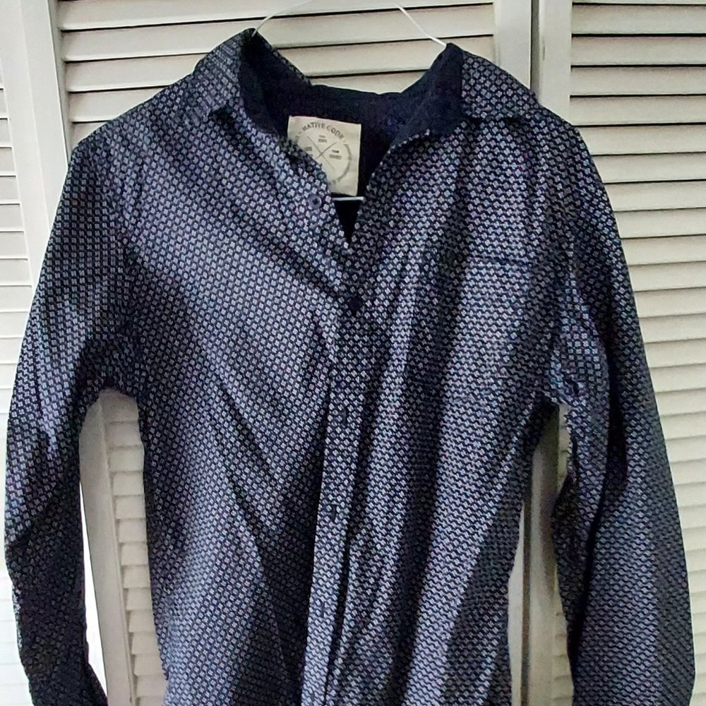 Navy With White Pattern, Men's Long Sleeve Shirt